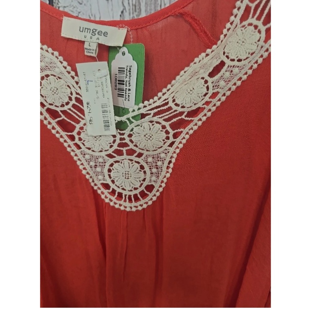 Umgee Size L Women's NWT Boho Bell Sleeve Dark Peach White Lagenlook V-Neck Top - Picture 8 of 10